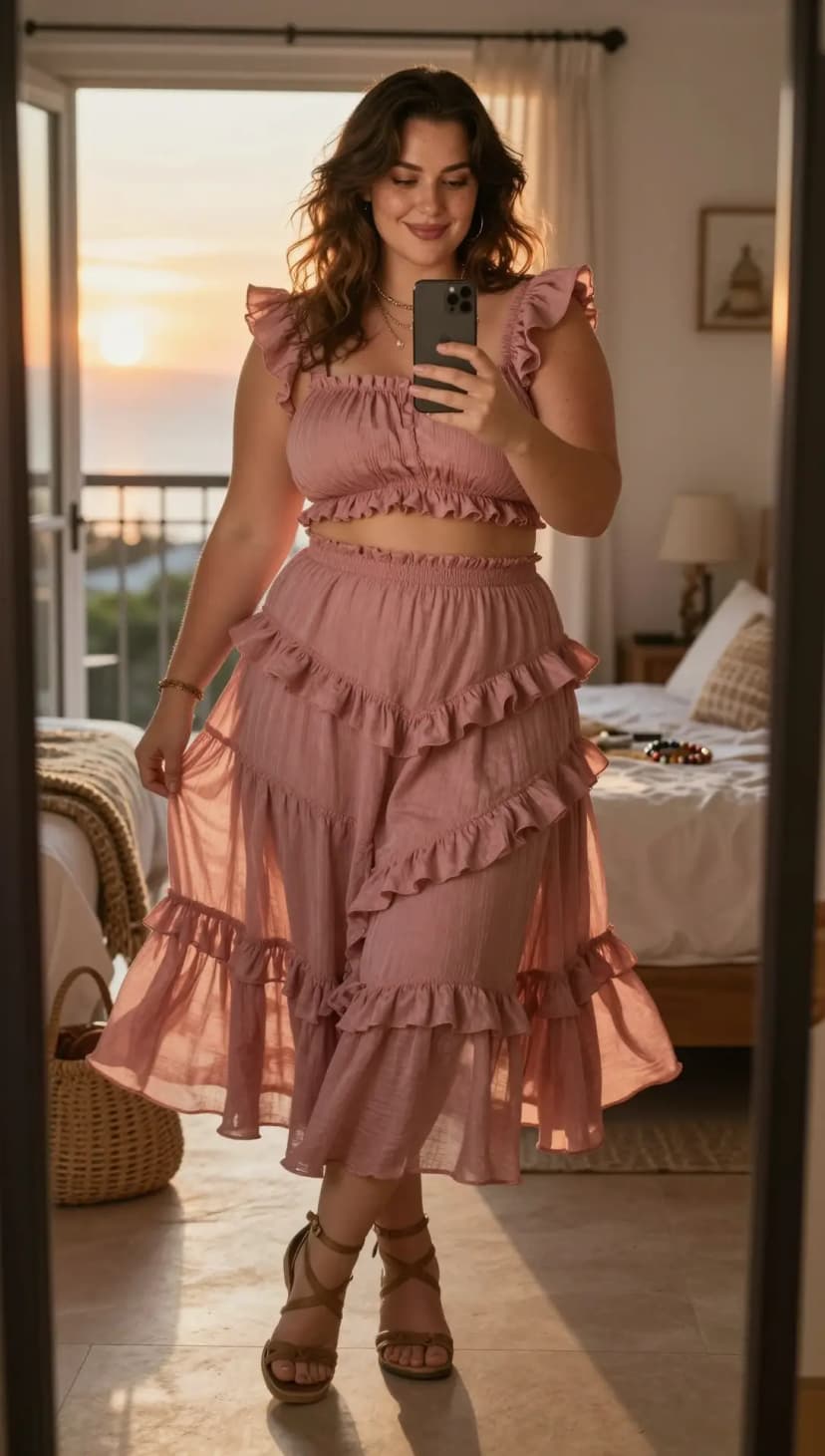 Pink Ruffle Crop Top + Pink Tiered Maxi Skirt