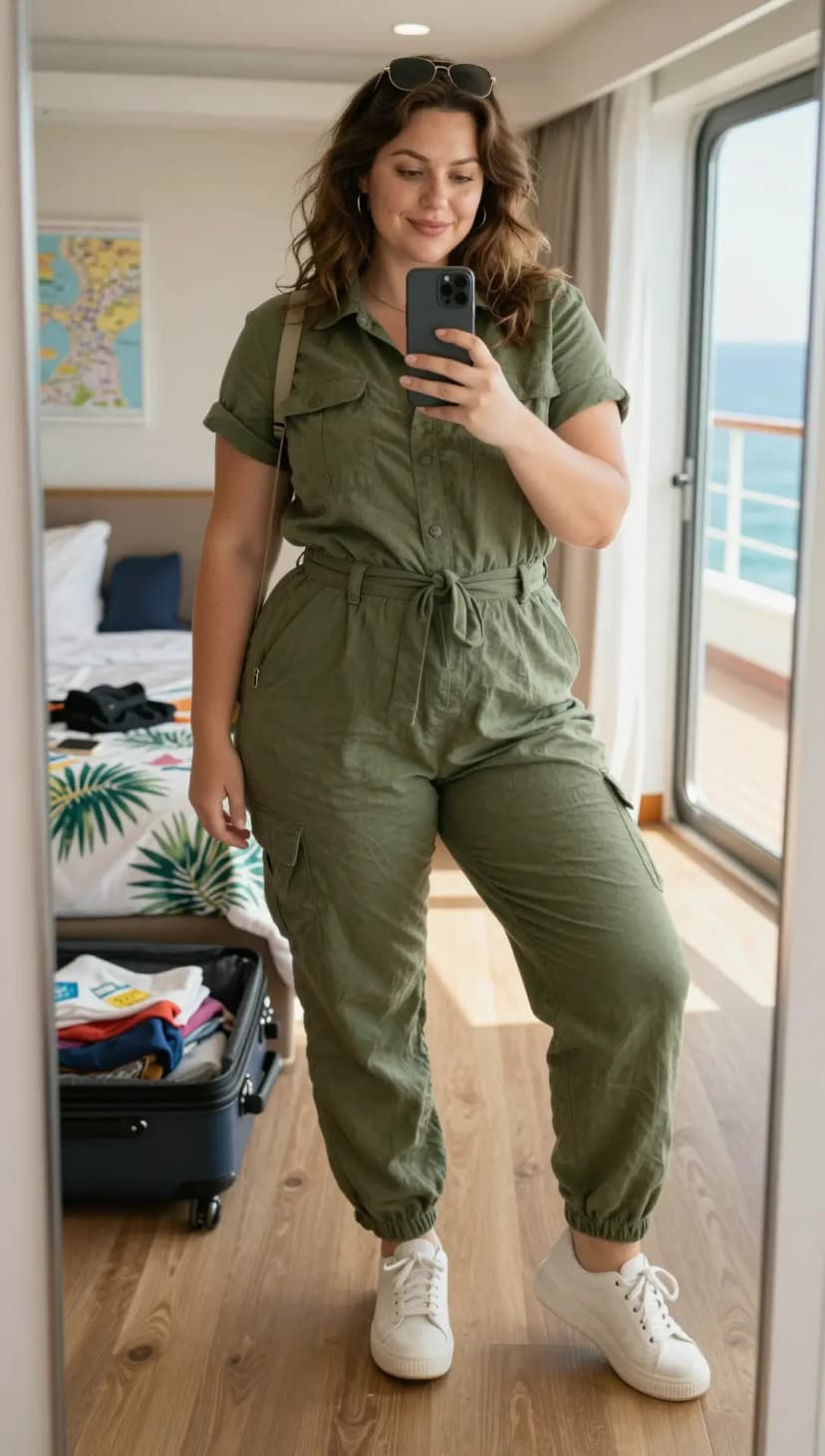 Olive Cotton Utility Jumpsuit + White Leather Sneakers