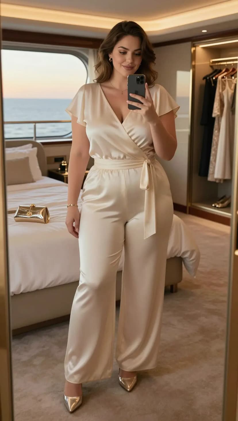 Cream Satin Wrap Jumpsuit + Silver Pointed-Toe Heels