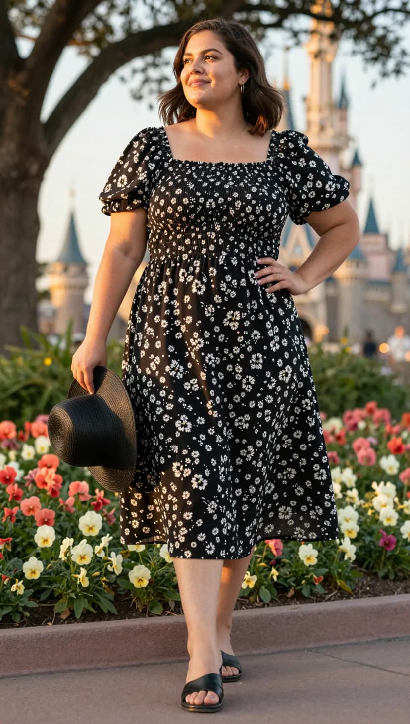 Black Floral Print Cotton Midi Dress