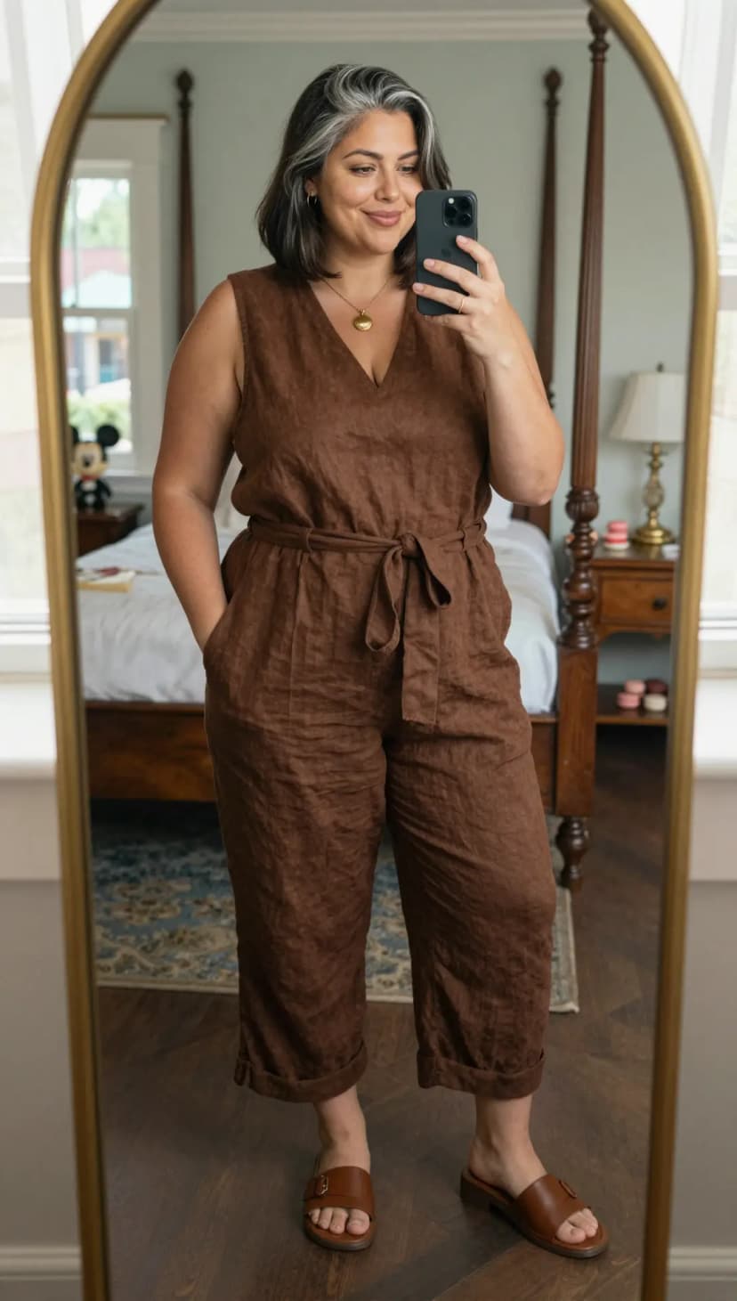 Brown Linen Jumpsuit + Brown Leather Slides