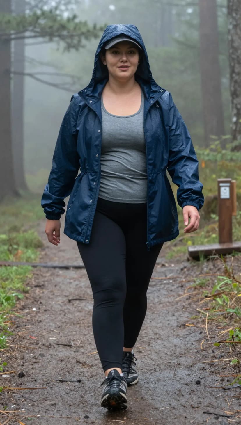 Navy Rain Jacket + Grey Tank Top + Black Leggings