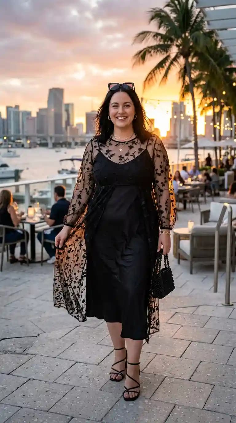 Black Satin Slip Dress + Black Sheer Lace Overlay