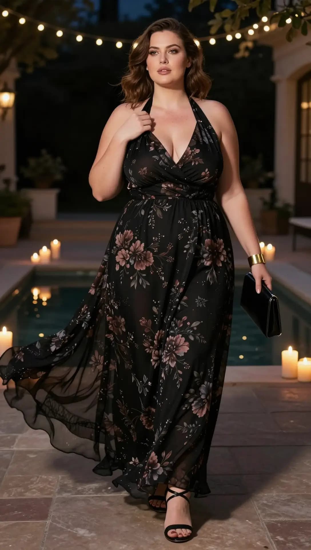 Black Floral Chiffon Maxi Dress + Gold Cuff Bracelet + Black Clutch