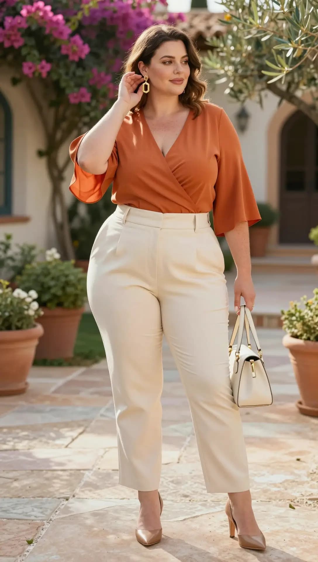 Terracotta Faux Silk Wrap Top + Cream Faux Leather Trousers