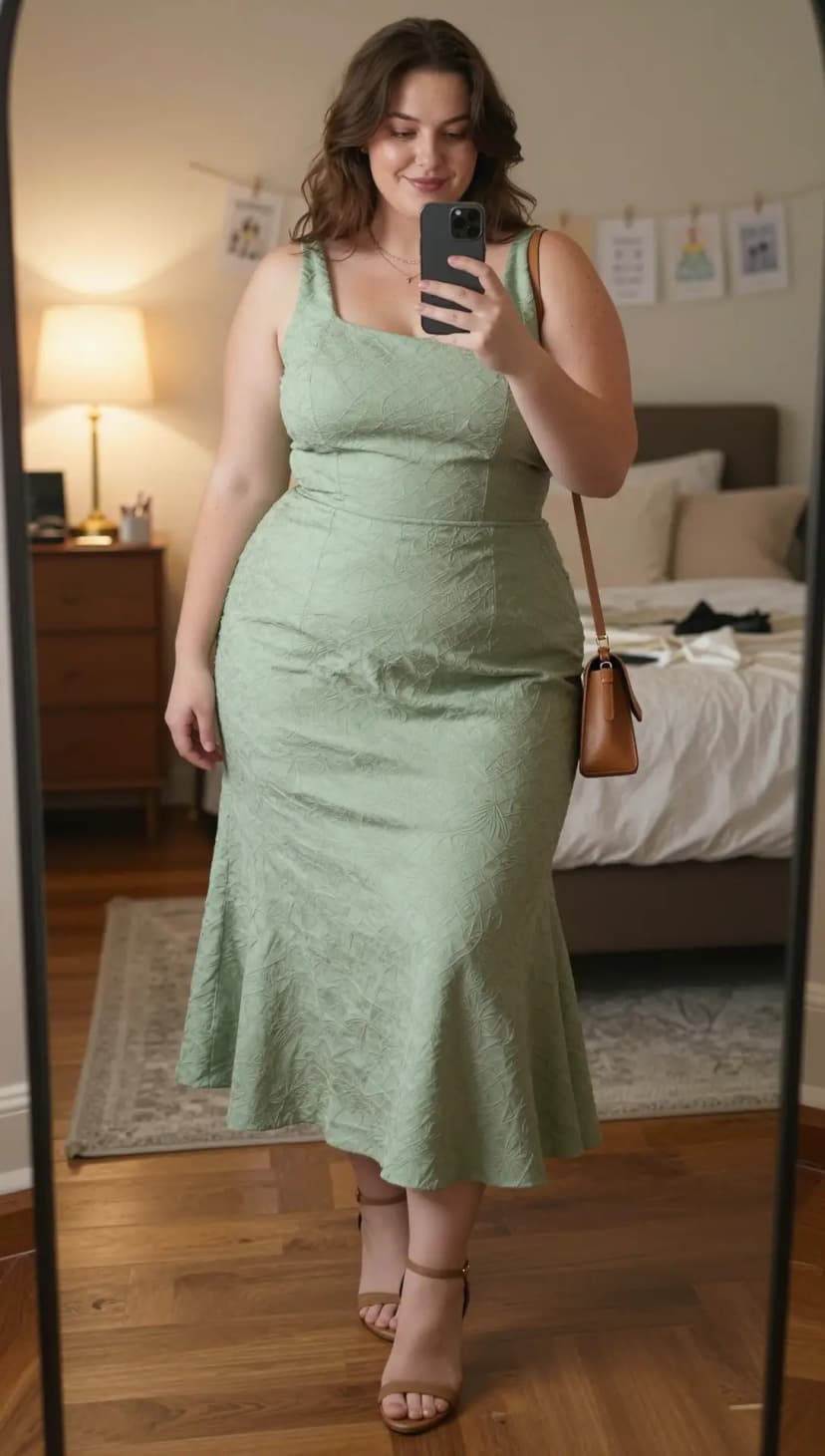 Sage Textured Fit and Flare Midi Dress + Tan Suede Heeled Sandals