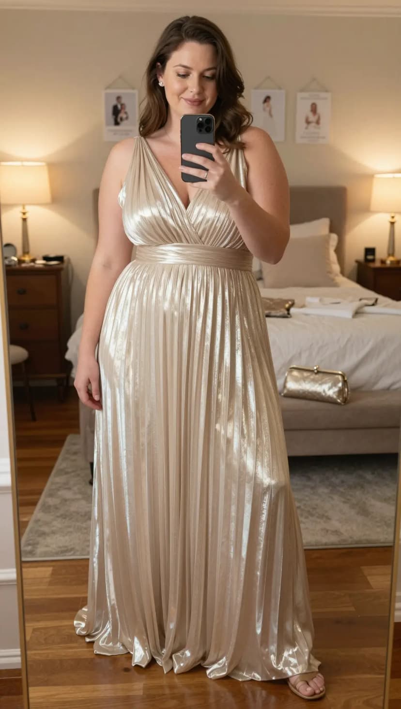 Champagne Metallic Pleated Maxi Dress