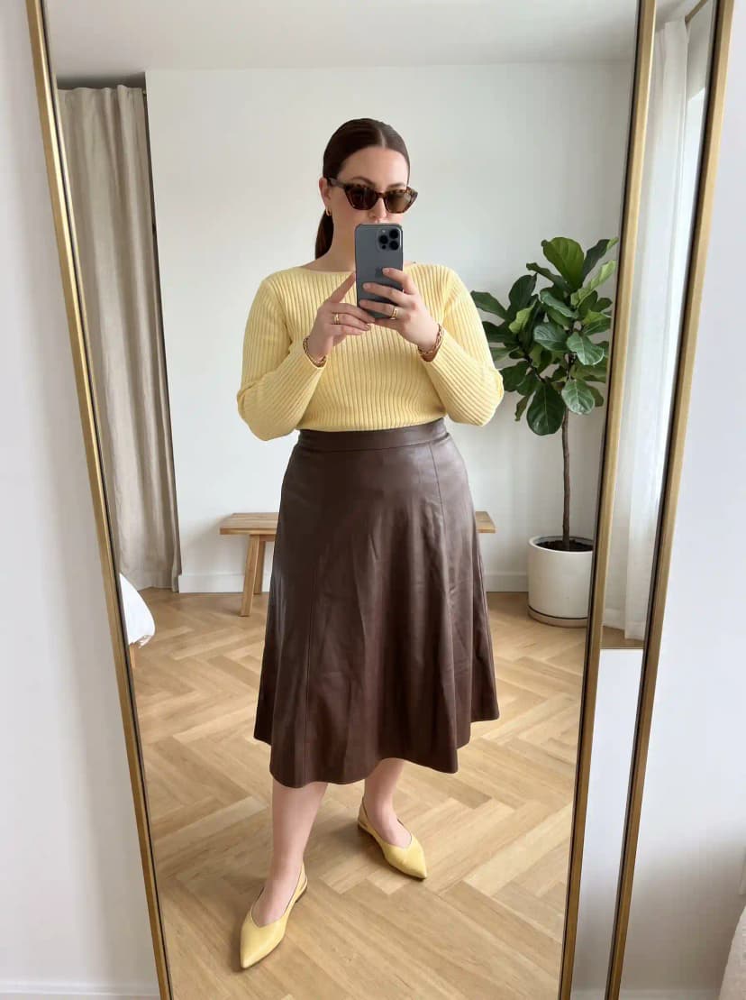 Yellow Ribbed Sweater + Brown Leather A-Line Midi Skirt