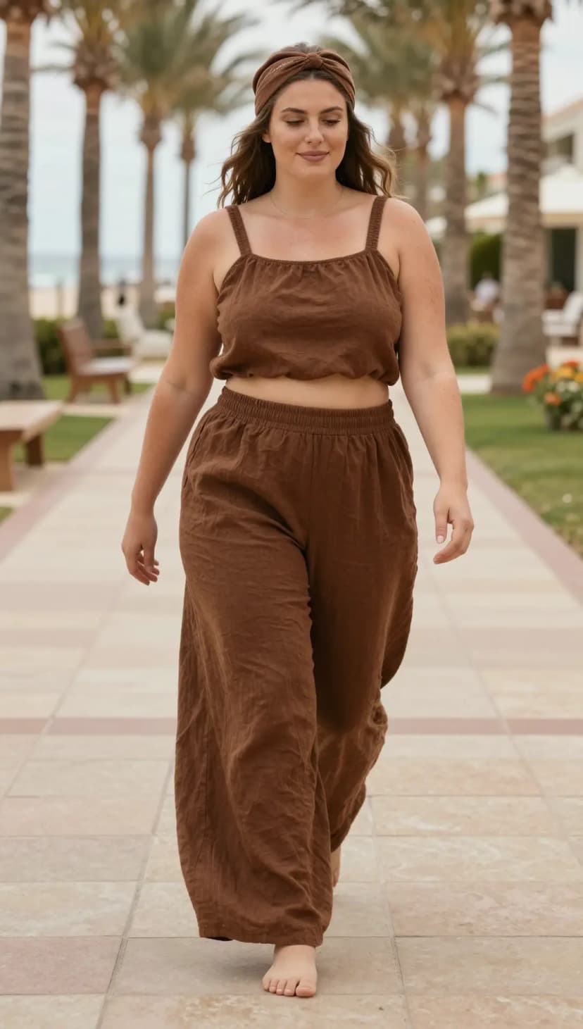 Brown Linen Crop Top + Brown Linen Wide-Leg Pants + Brown Linen Headband