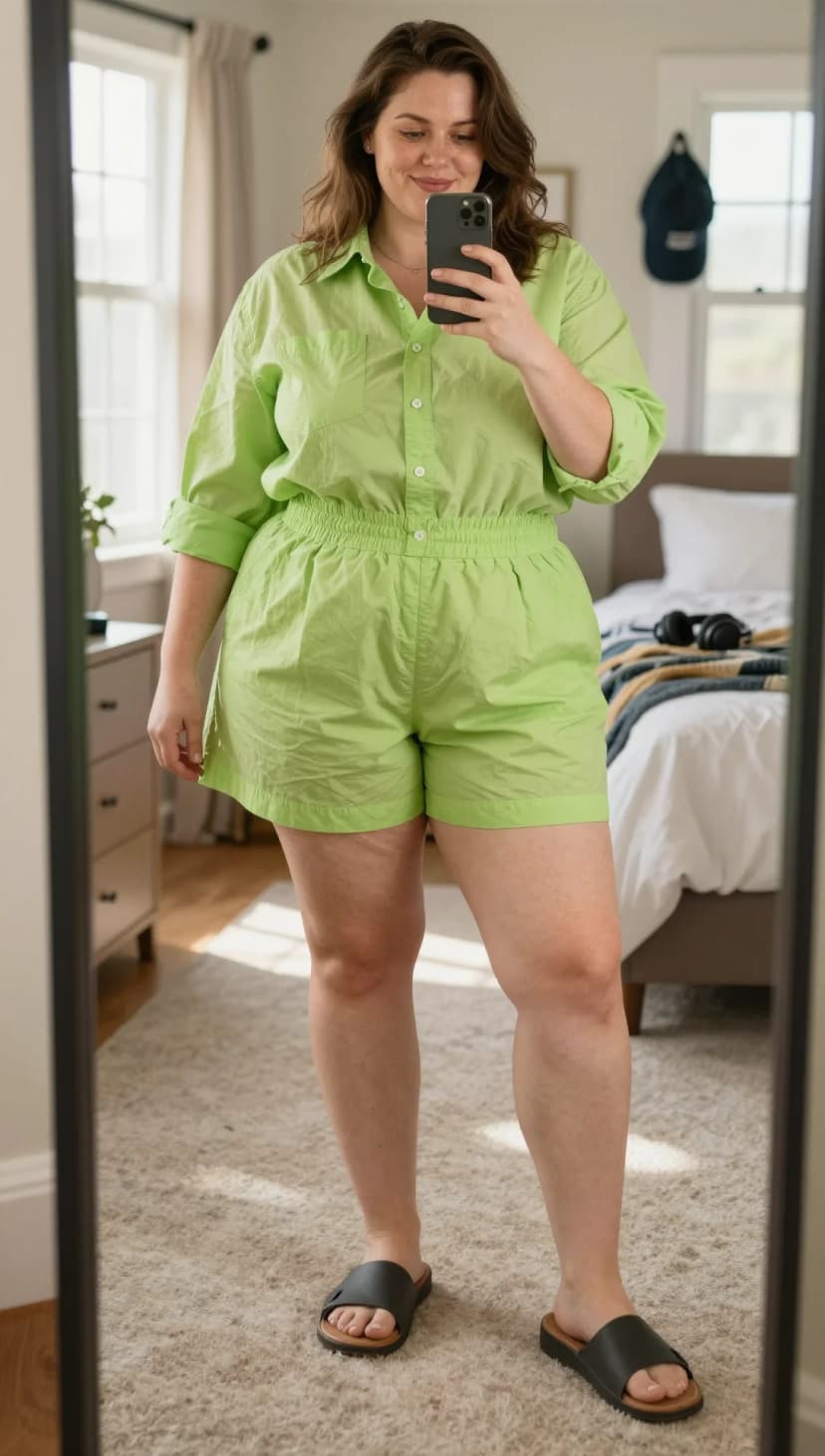 Lime Green Cotton Poplin Collared Shirt + Lime Green Cotton Poplin Shorts + Black Leather Slides