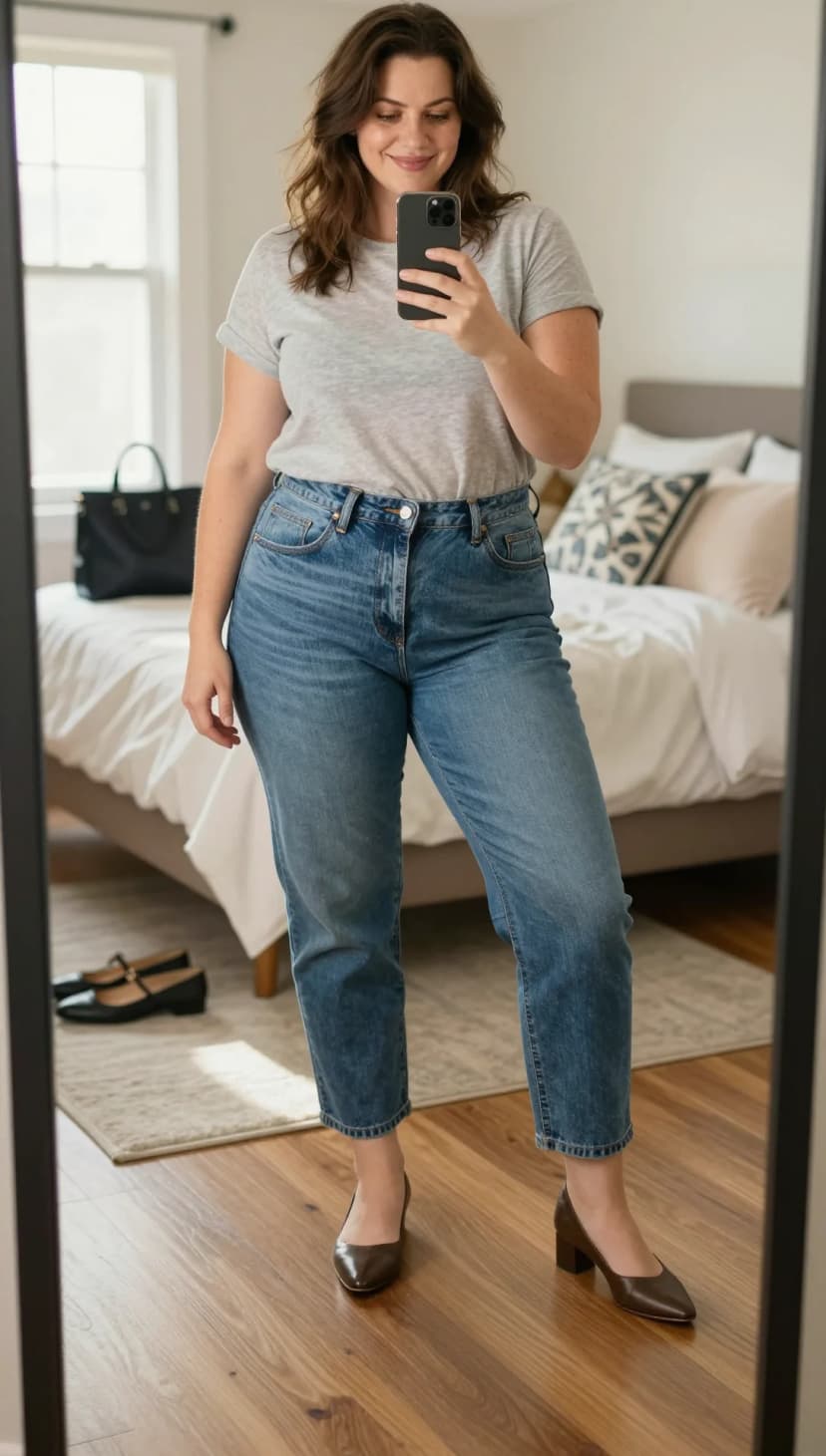 Light Grey Cotton T-shirt + Medium Wash Denim Straight Leg Jeans + Brown Leather Block Heels