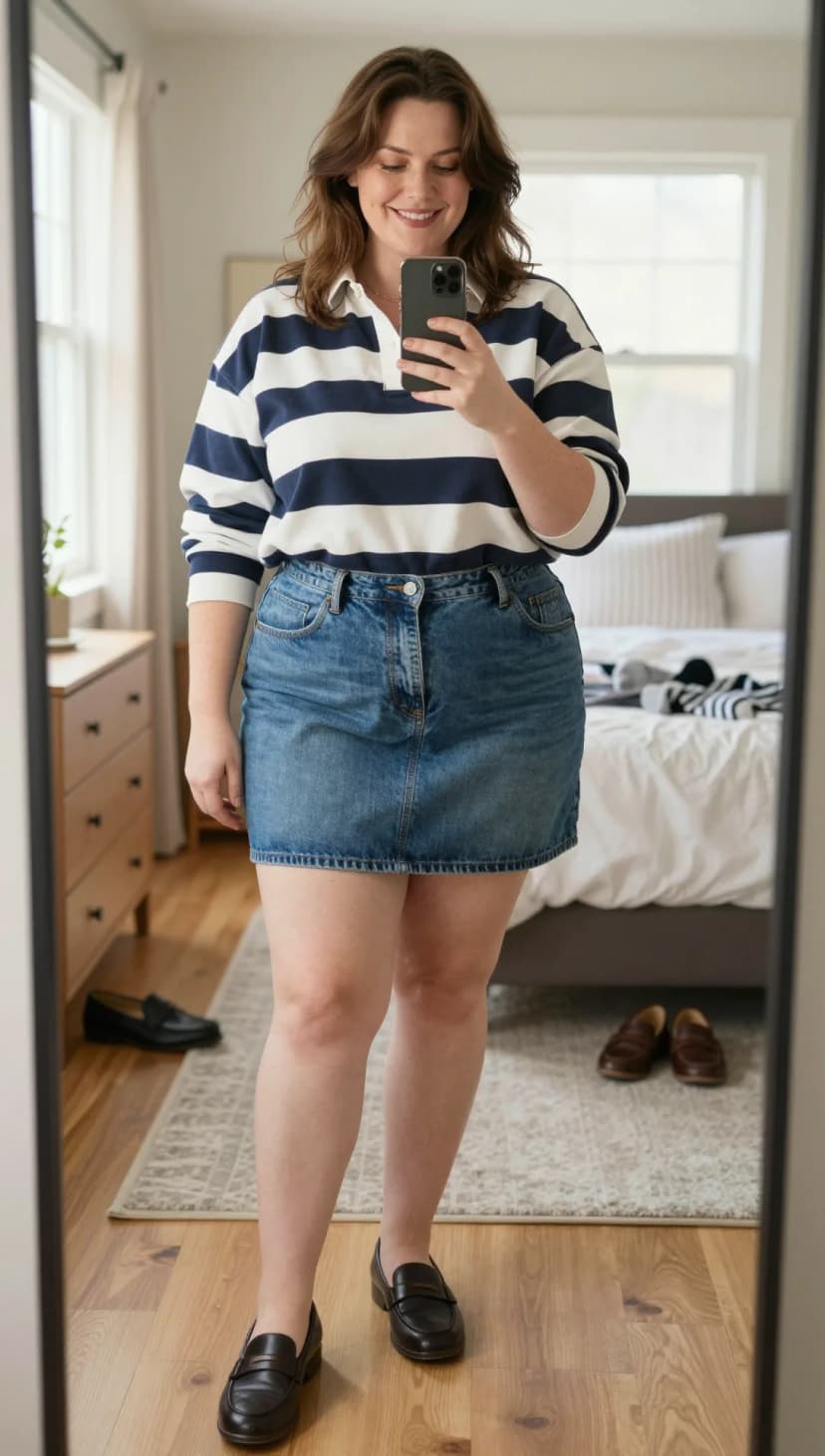 Navy and White Striped Cotton Rugby Shirt + Blue Denim Mini Skirt + Dark Brown Leather Loafers