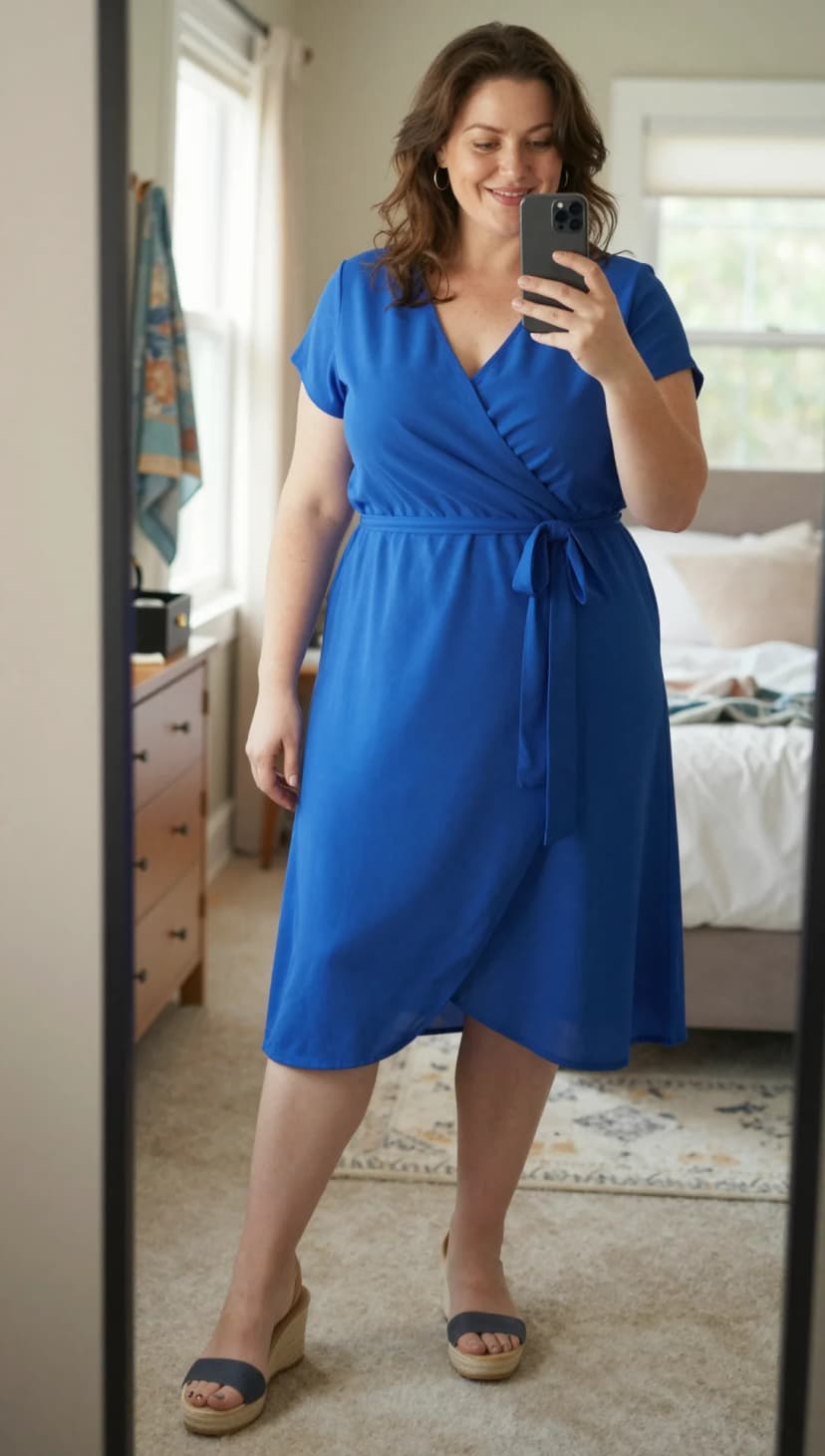 Cobalt Blue Wrap Midi Dress + Navy Denim Wedge Espadrilles