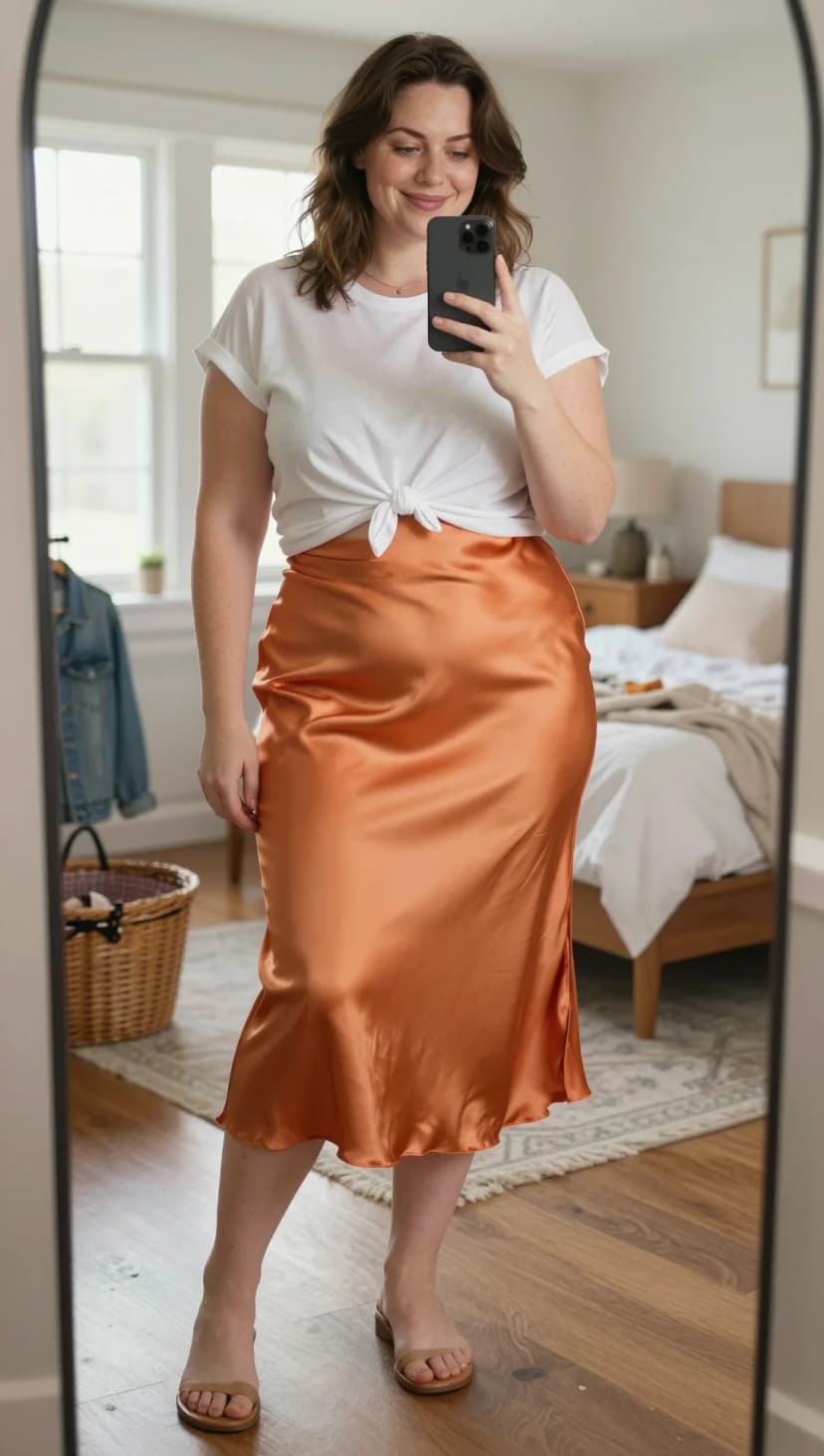White Cotton T-Shirt + Copper Satin Midi Skirt + Tan Slide Sandals