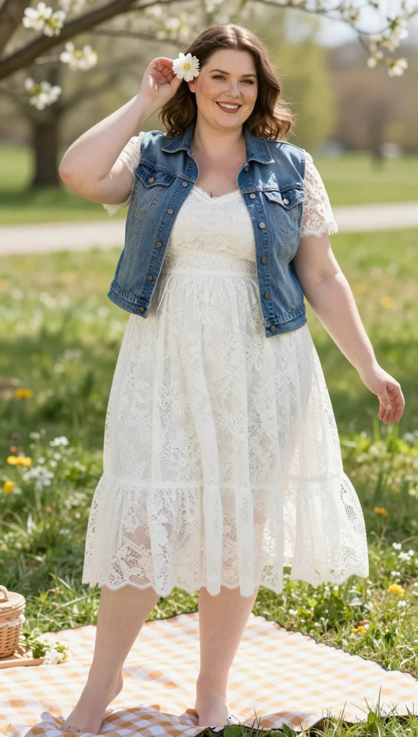 White Lace Midi Dress + Blue Denim Vest