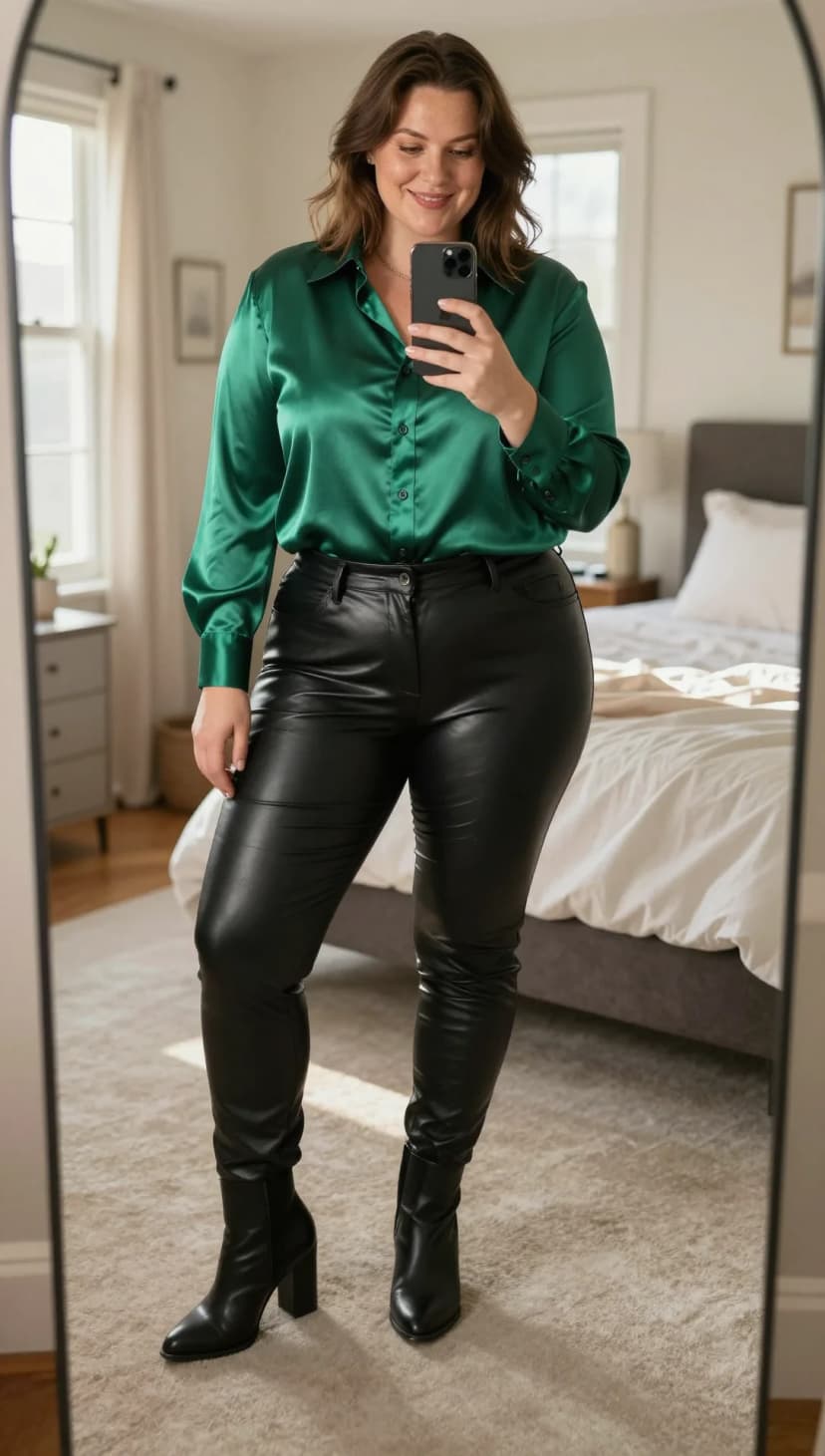 Emerald Satin Button-Up Top + Black Faux Leather Skinny Pants + Black Pointed-Toe Heeled Ankle Boots