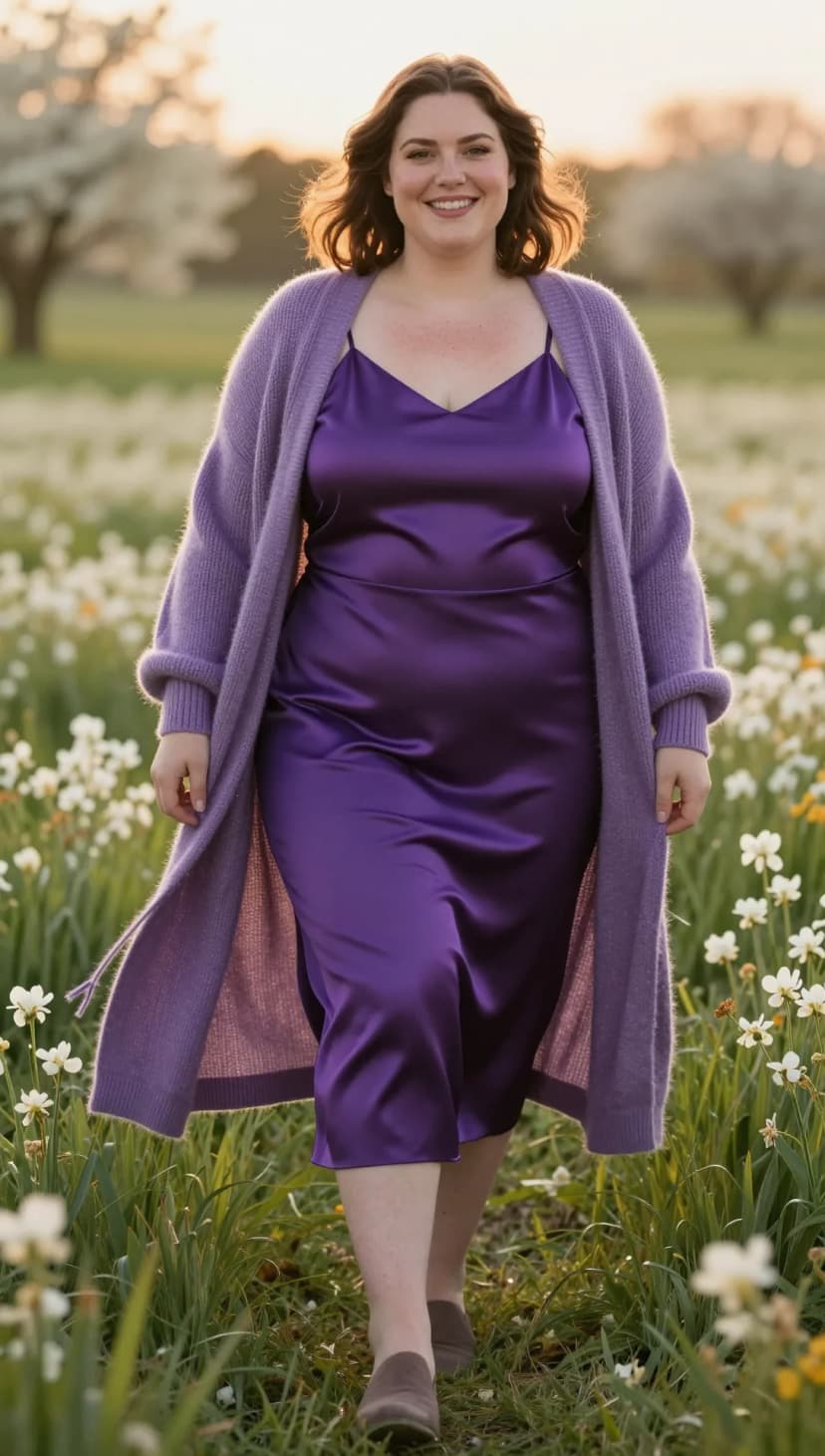 Purple Satin Slip Dress + Lavender Knit Cardigan + Brown Suede Loafers