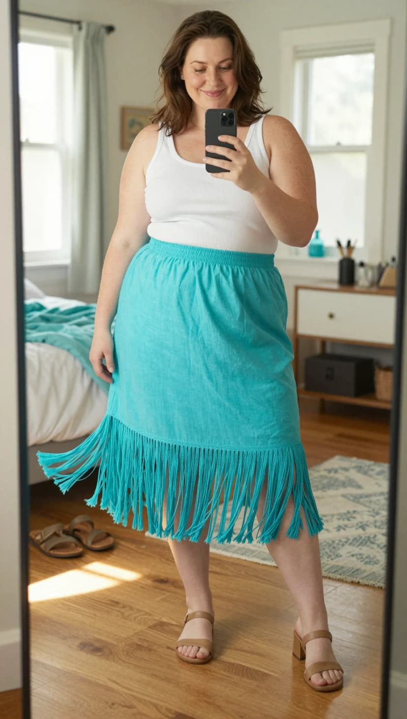 White Ribbed Tank Top + Turquoise Linen Fringed Midi Skirt + Tan Block Heel Sandals