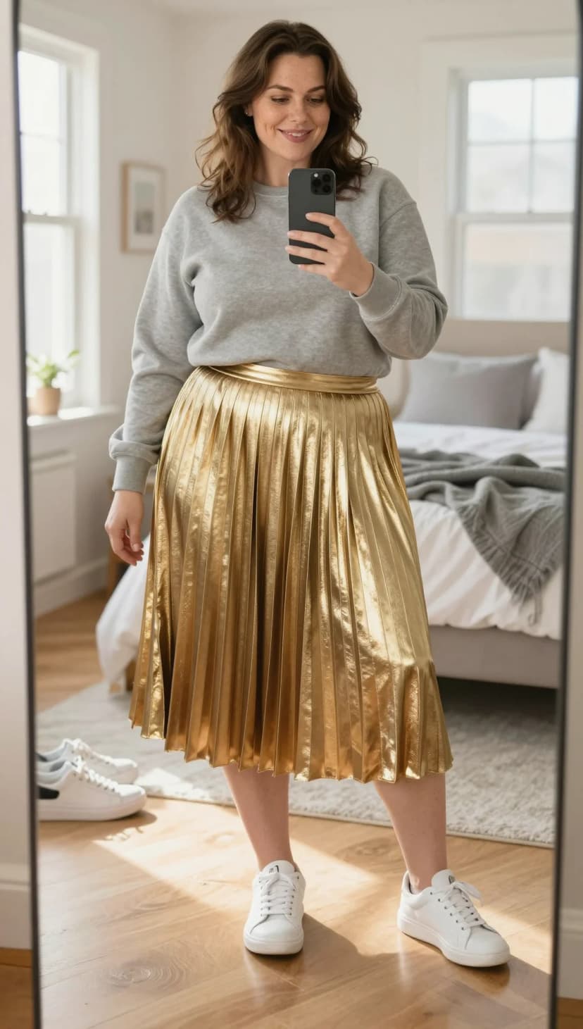 Grey Cotton Crewneck Sweatshirt + Gold Metallic Pleated Midi Skirt + White Leather Sneakers