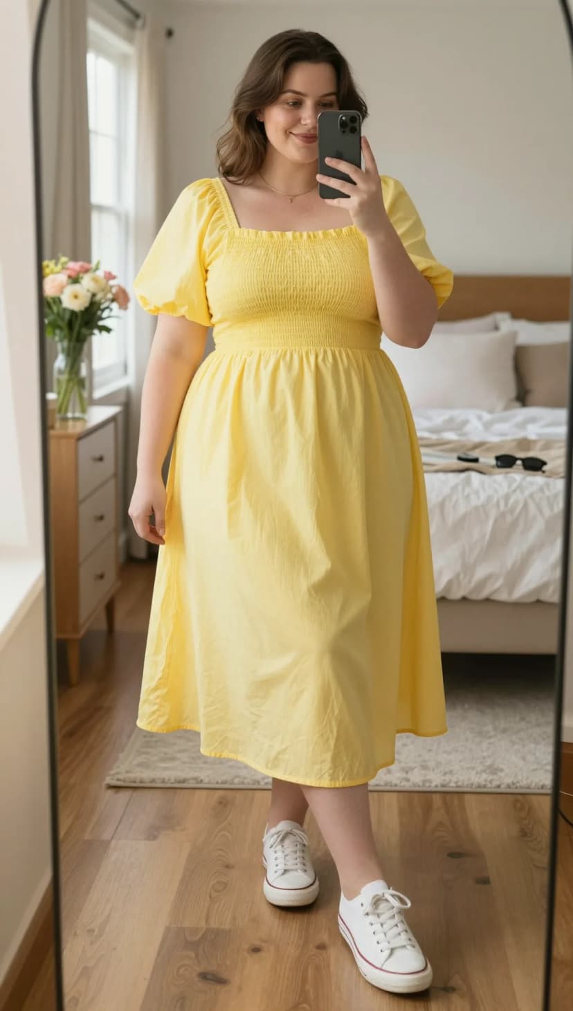 Yellow Cotton Smocked Square Neck Midi Dress + White Canvas Sneakers