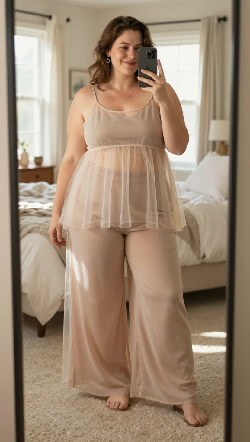 Nude Tulle Babydoll Top + Nude Wide-Leg Lounge Pants