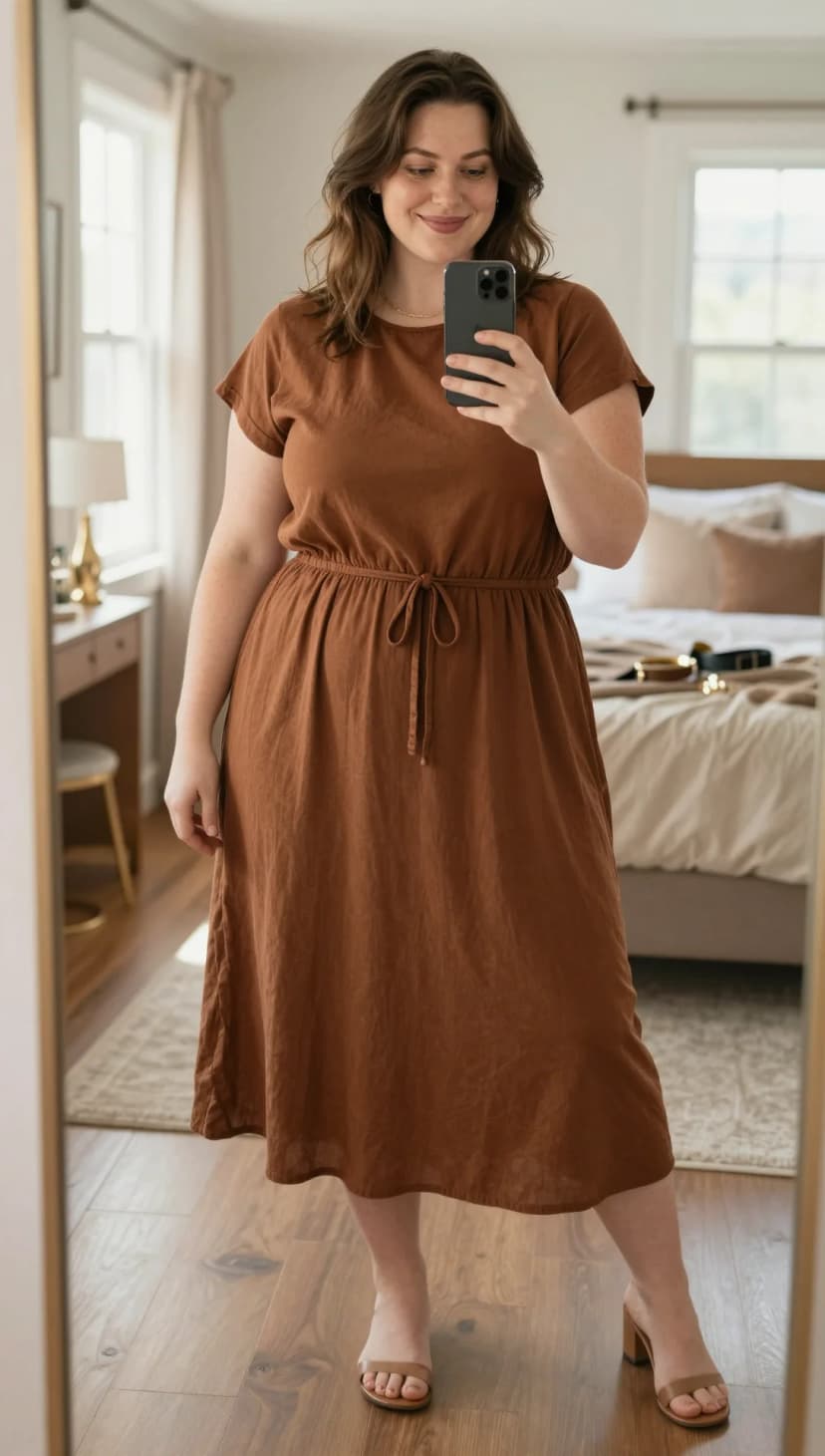 Brown Linen T-Shirt Dress + Tan Block Heel Sandals