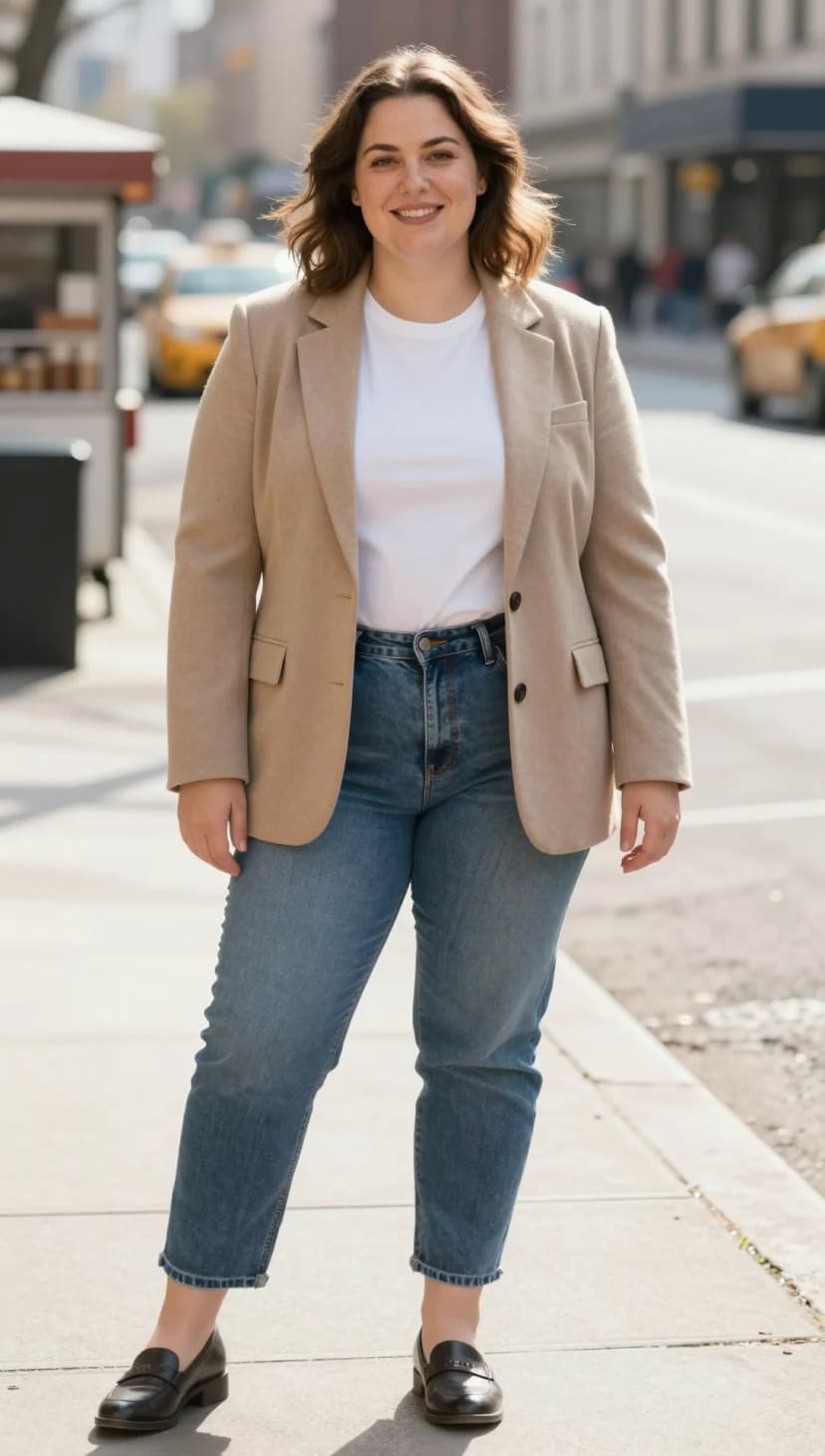 Tan Blazer + White Crew Neck T-Shirt + Blue Denim Jeans + Black Leather Loafers