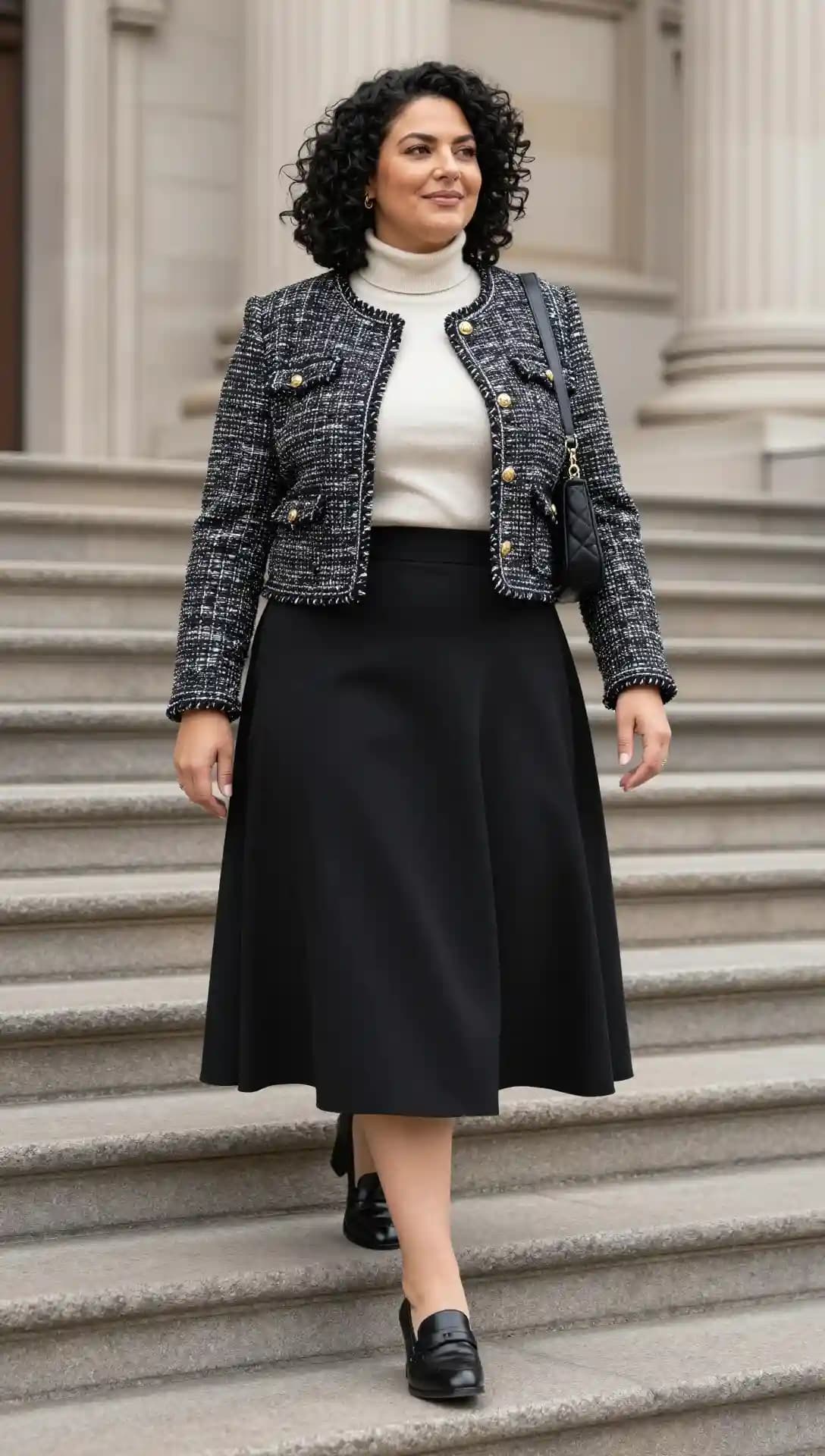 Cream Ribbed Knit Turtleneck + Black Tweed Cropped Jacket + Black A-Line Midi Skirt