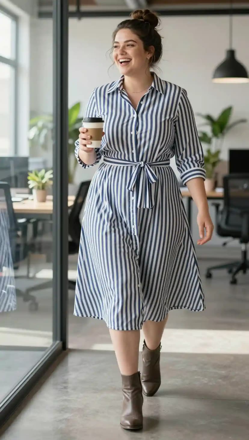 Blue and White Striped Cotton Shirt Dress + Brown Leather Ankle Boots