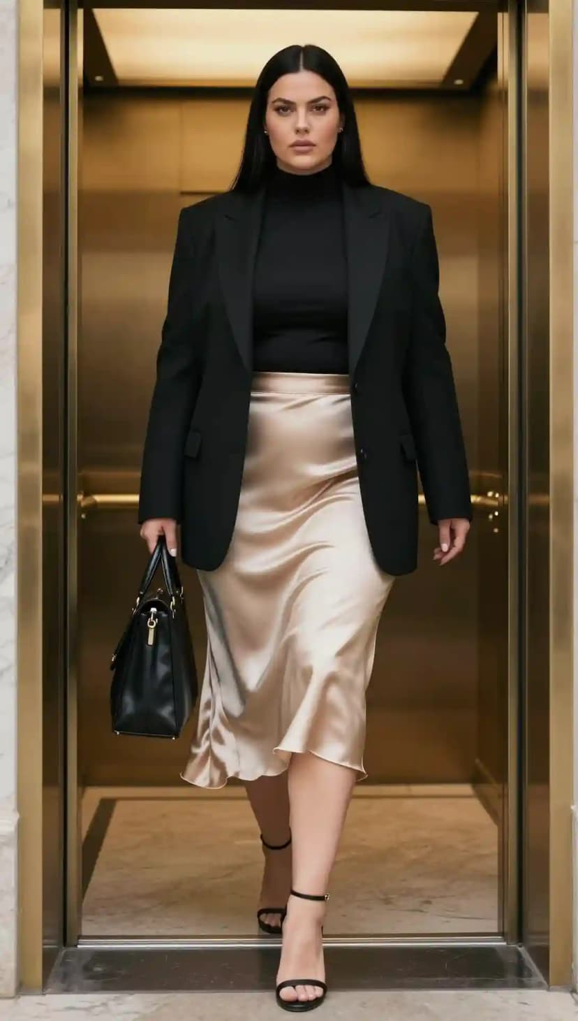 Black Blazer + Black Mock Neck Top + Champagne Satin Midi Skirt
