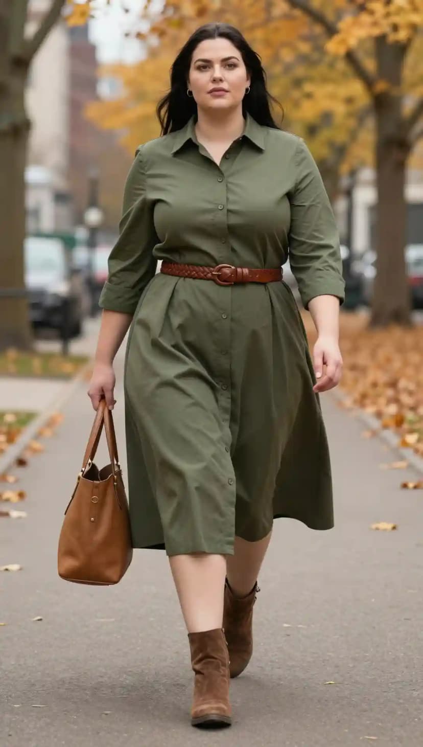 Olive Cotton Shirtdress + Brown Leather Belt + Brown Suede Ankle Boots