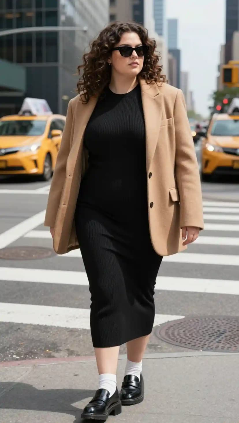 Black Ribbed Knit Midi Dress + Camel Wool Blazer + Black Leather Loafers