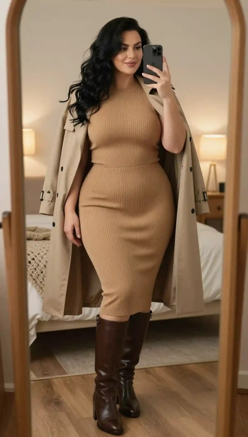 Camel Ribbed Knit Dress + Beige Cotton Trench Coat + Brown Leather Boots