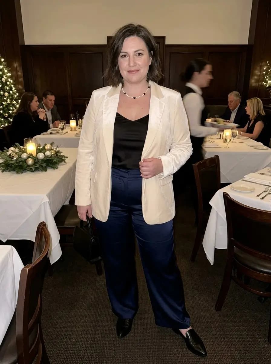 Cream Blazer with Black Cami and Navy Satin Trousers