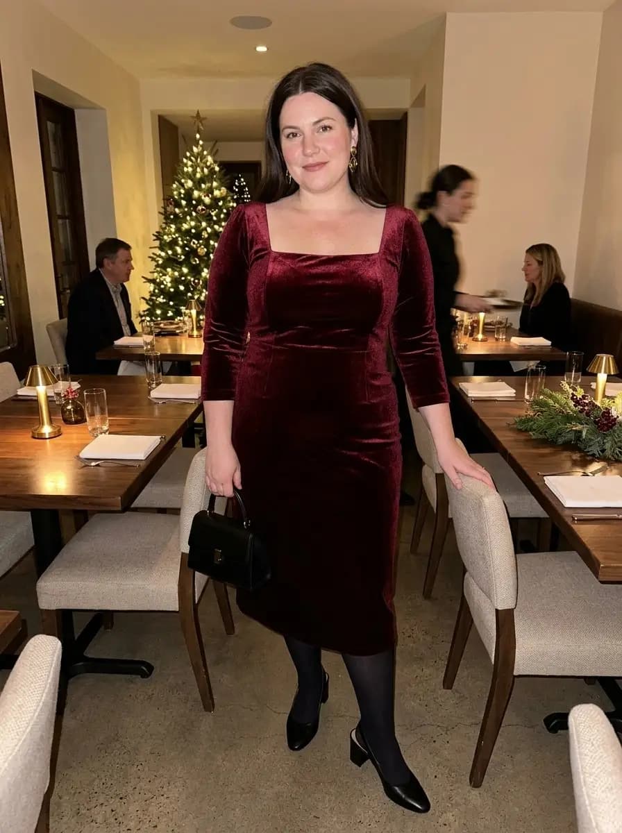 Burgundy Velvet Square-Neck Midi Dress