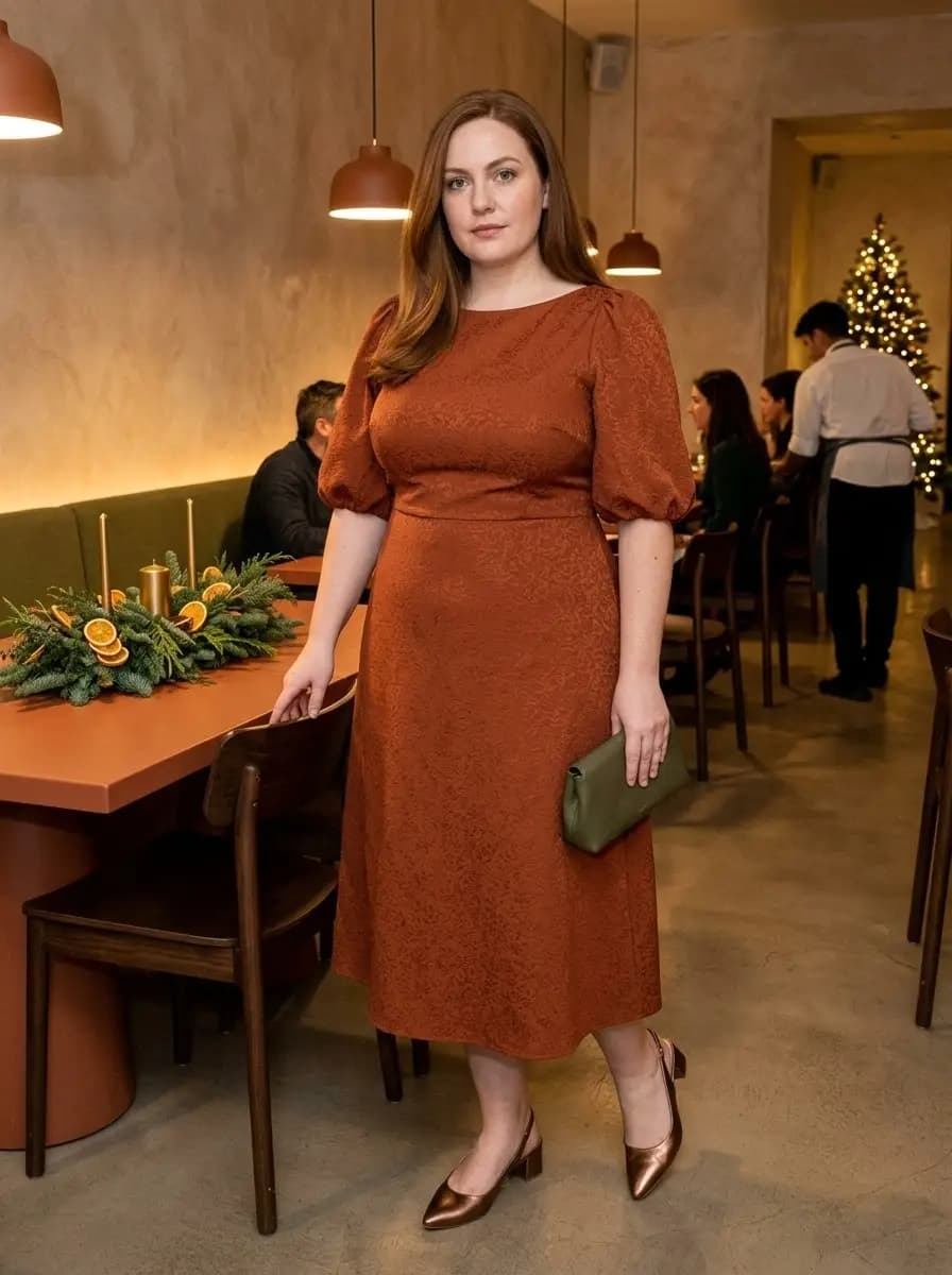 Rust Textured Midi Dress with Puff Sleeves
