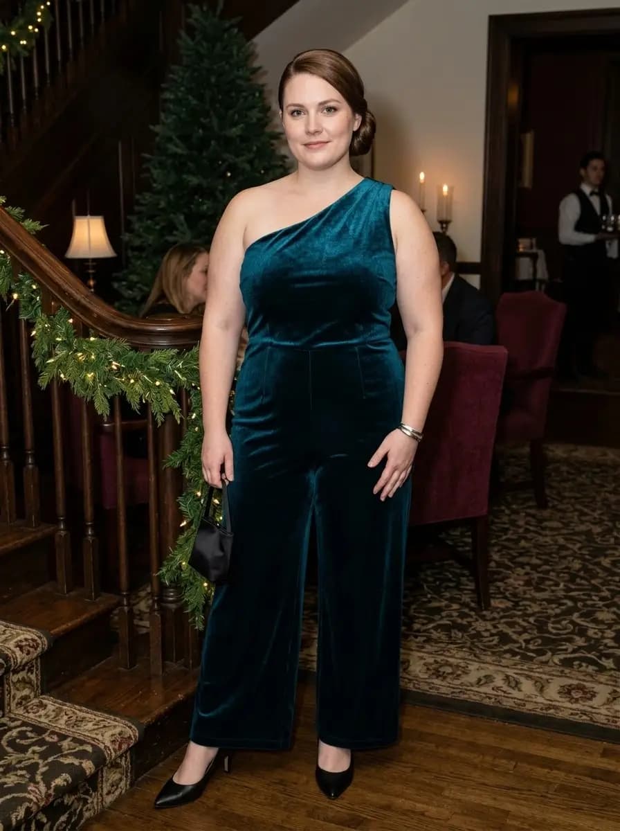 Teal Velvet One-Shoulder Jumpsuit