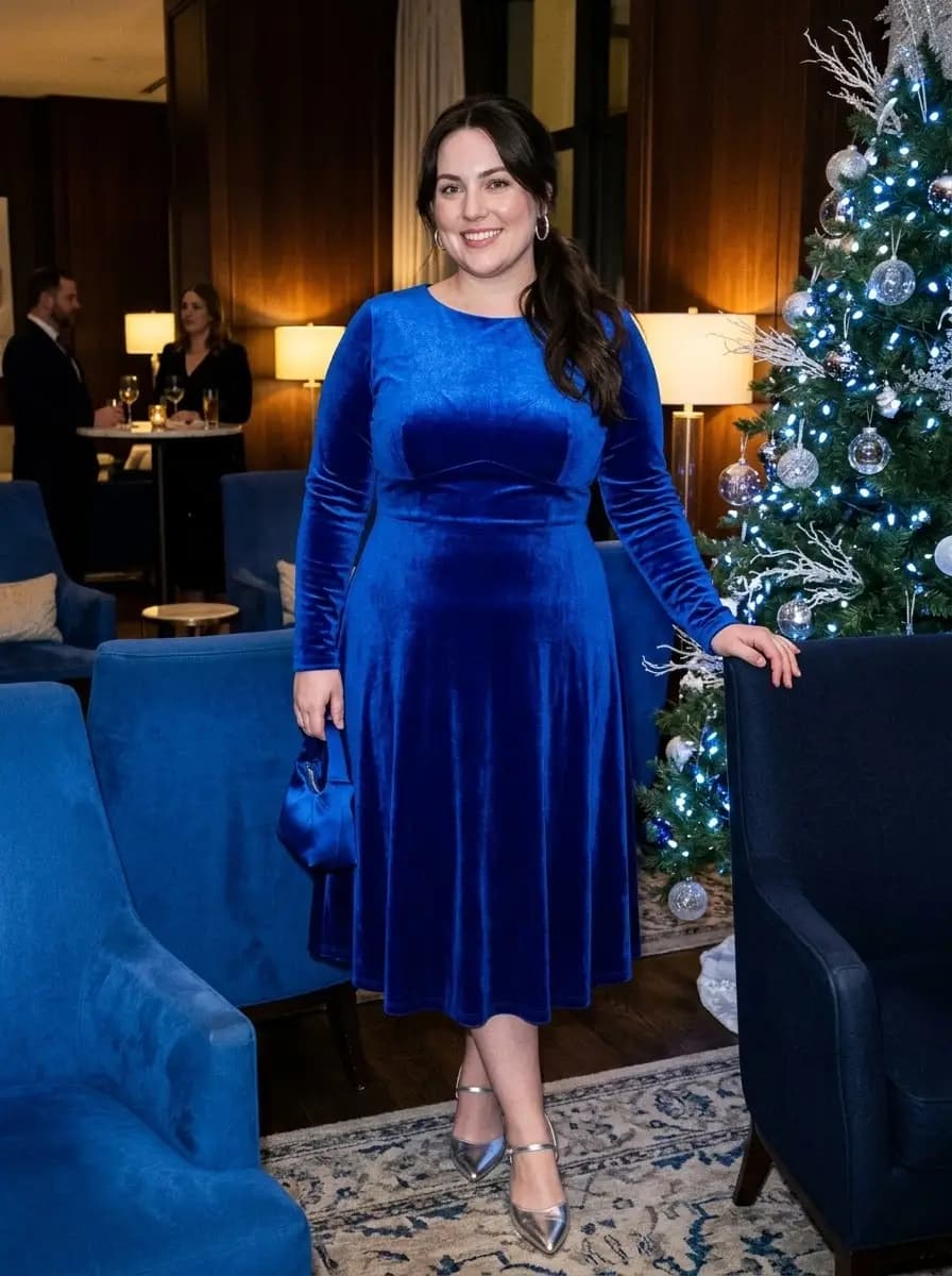 Royal Blue Velvet Long-Sleeve Midi Dress