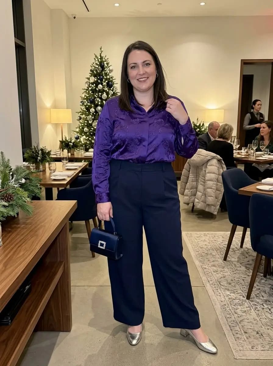 Purple Satin Blouse with Navy Wide-Leg Trousers