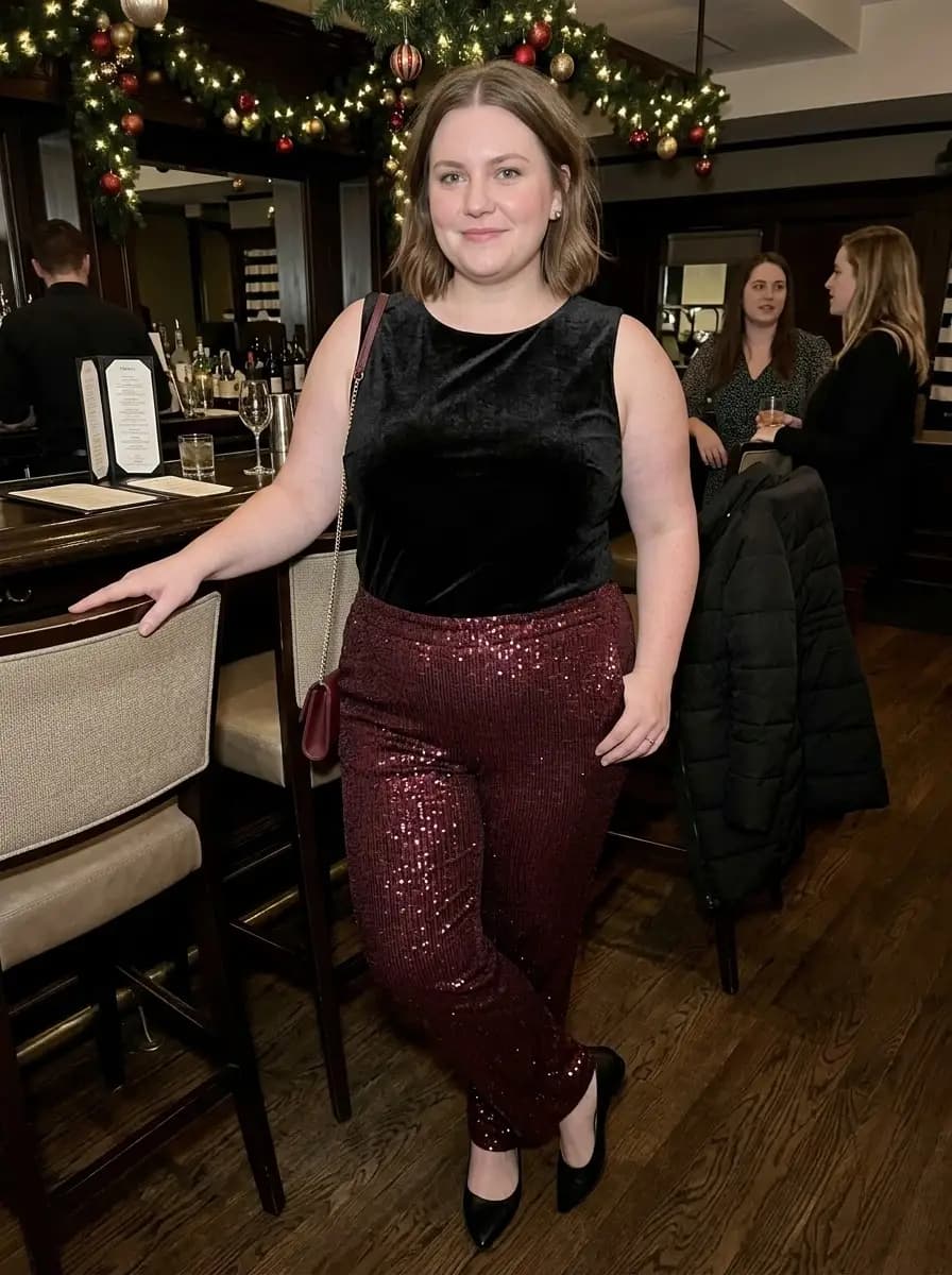 Black Velvet Top with Burgundy Sequin Pants