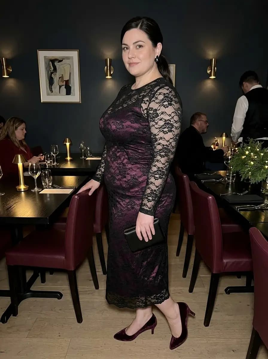 Plum Lace Long-Sleeve Midi Dress