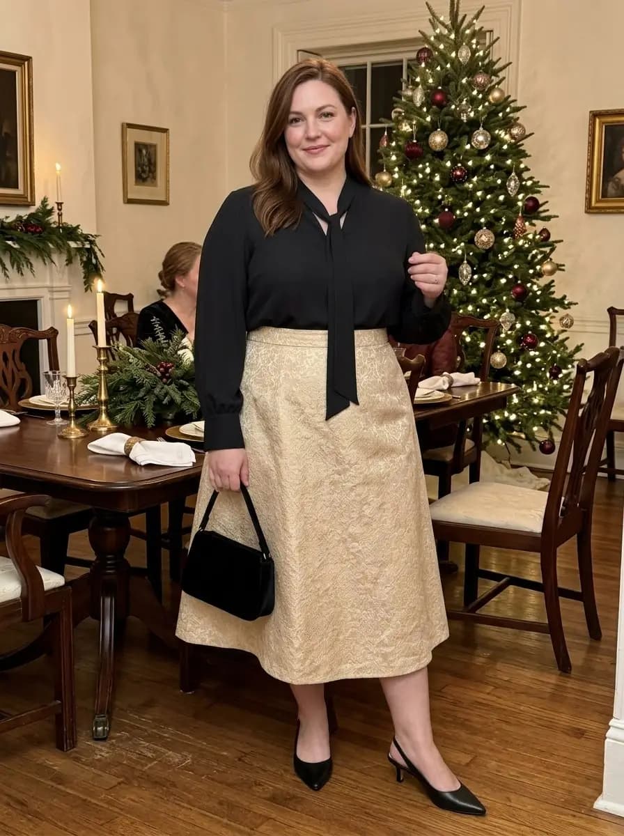 Black Tie-Neck Blouse with Gold Brocade Midi Skirt