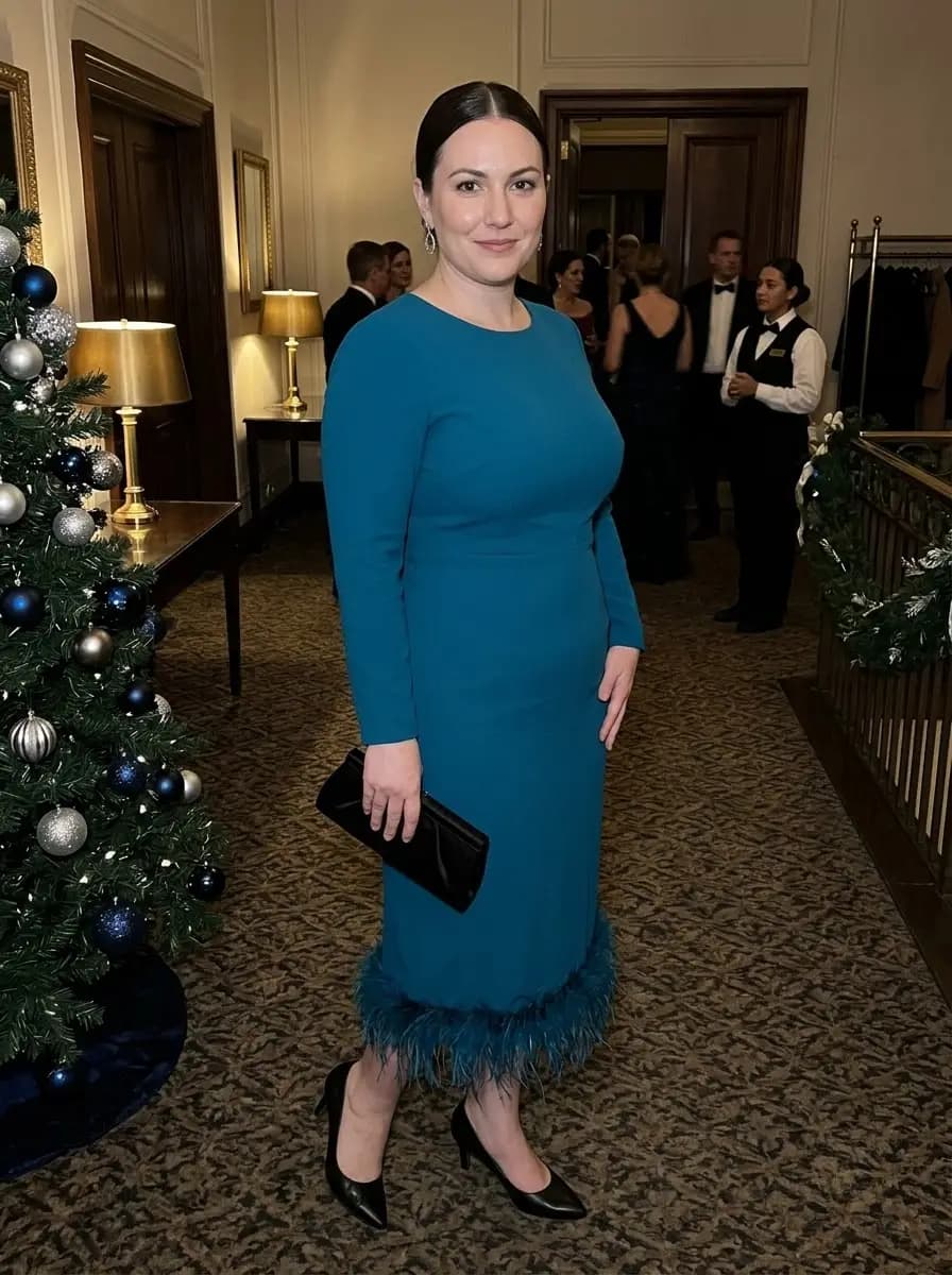 Teal Midi Dress with Feather-Trim Hem