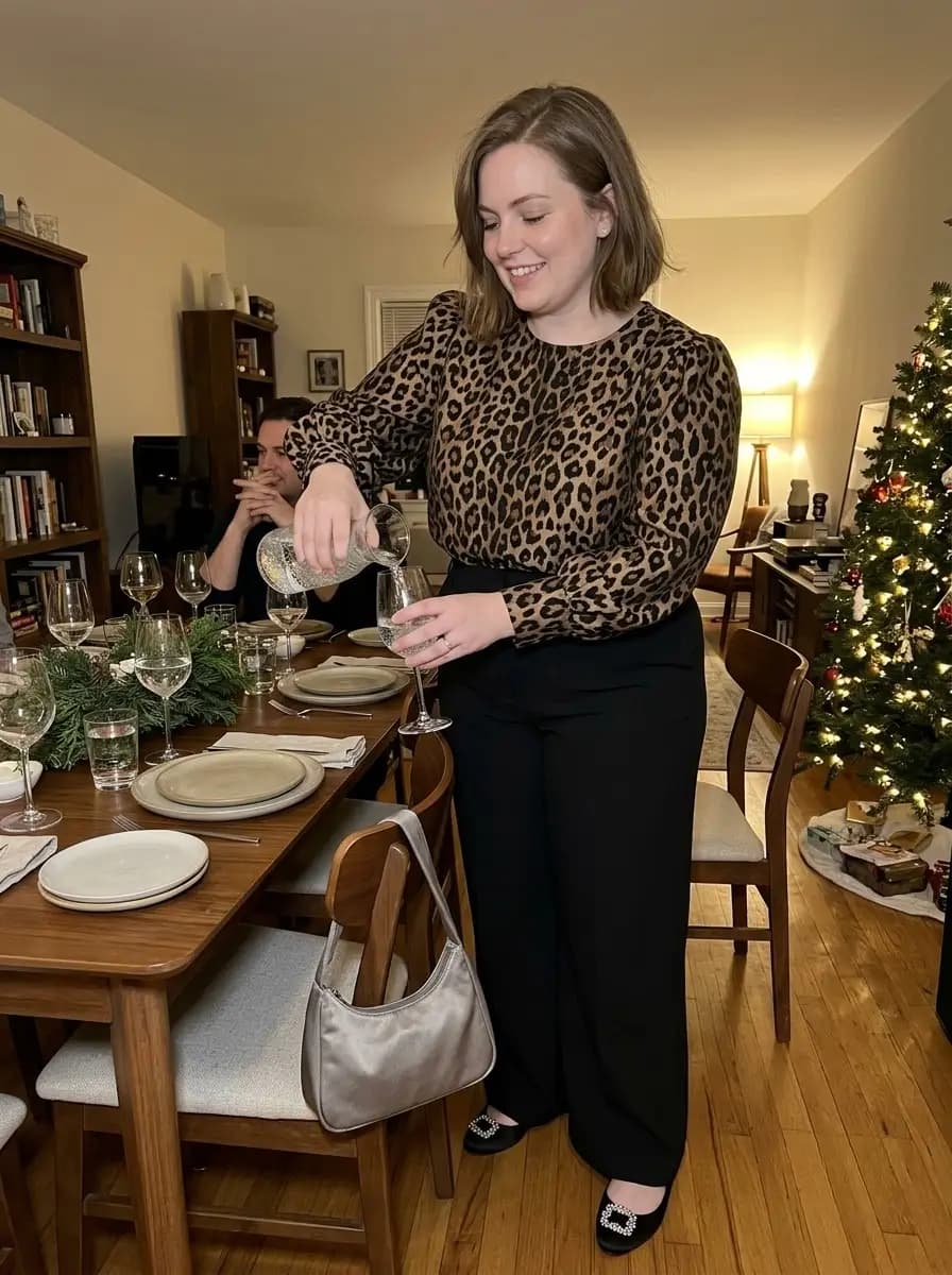 Leopard-Print Blouse with Black Wide-Leg Pants