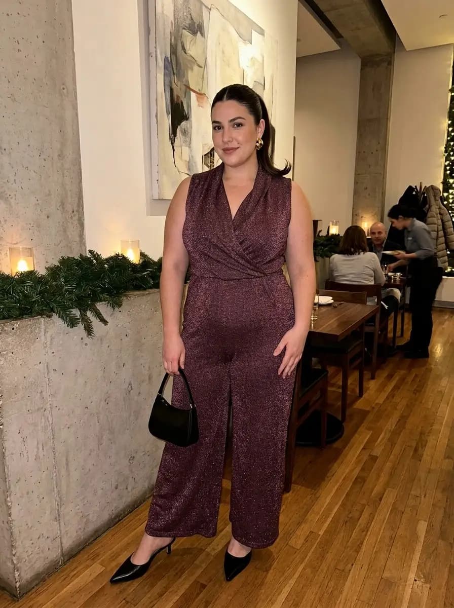Burgundy Shimmer Wrap Jumpsuit with Black Heels