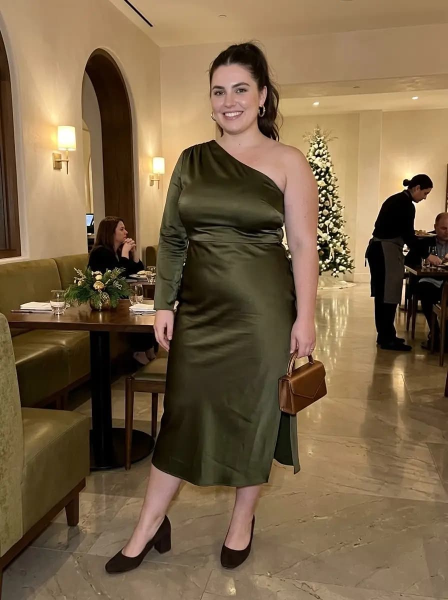 Olive One-Shoulder Satin Midi Dress