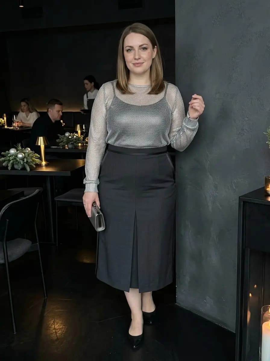 Silver Shimmer Top with Charcoal Midi Skirt