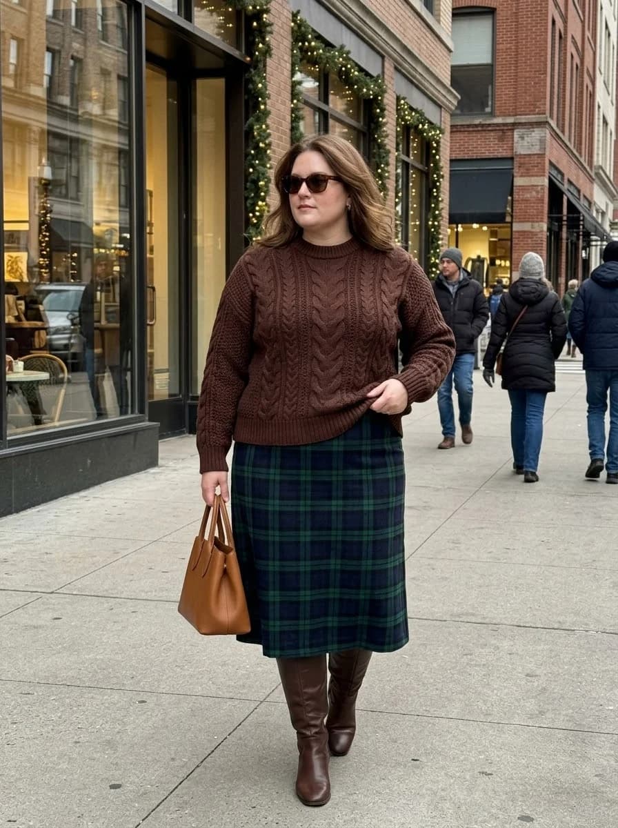 Chocolate Cable-Knit Sweater with a Plaid Midi Skirt