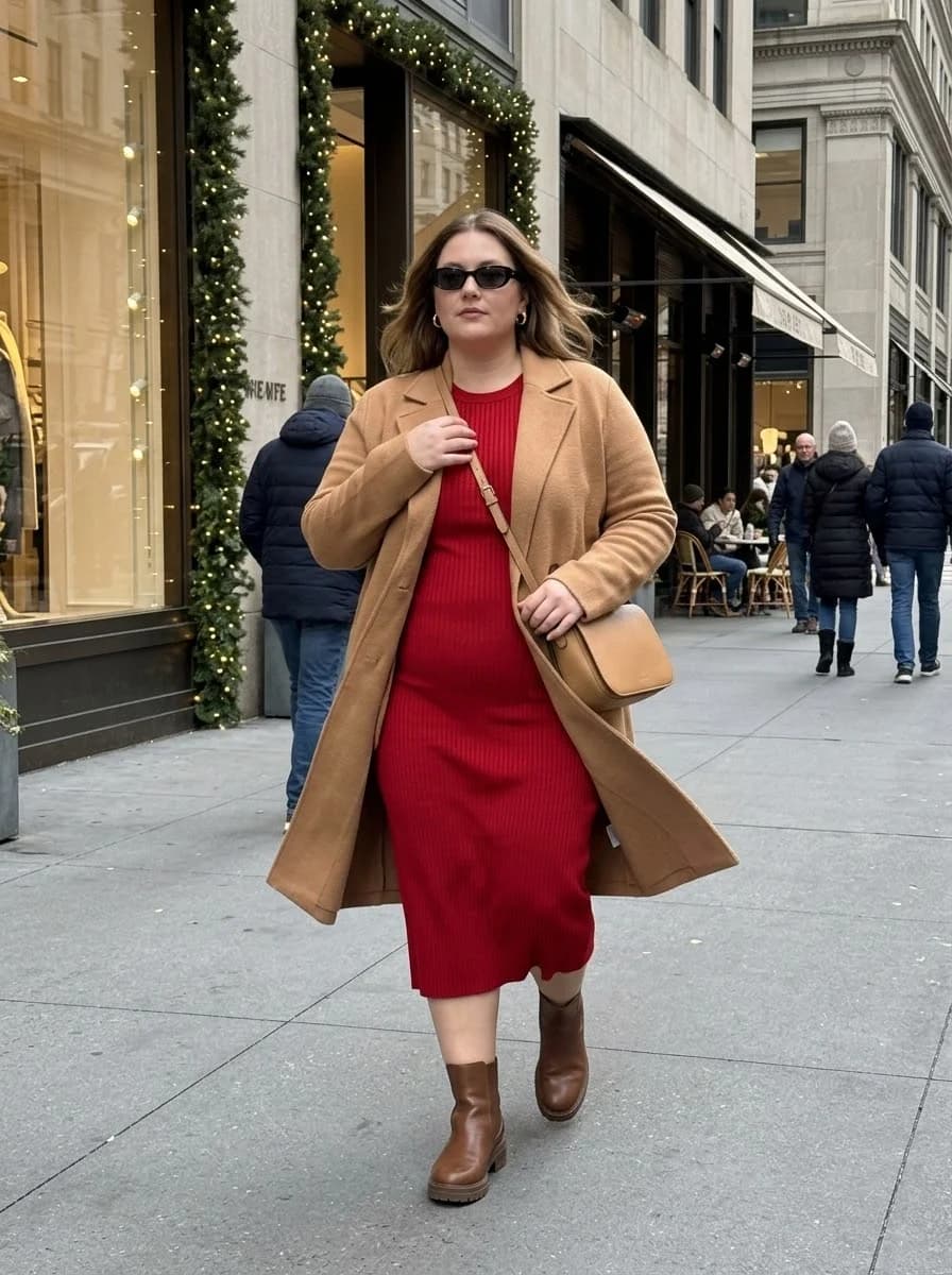 Camel Coat with a Red Ribbed Sweater Dress