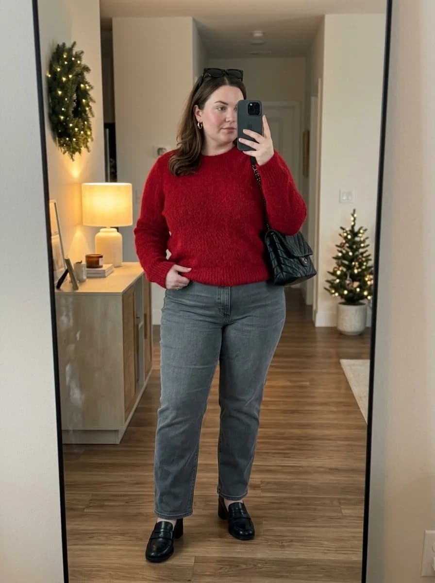 Red Fuzzy Sweater with Gray Jeans